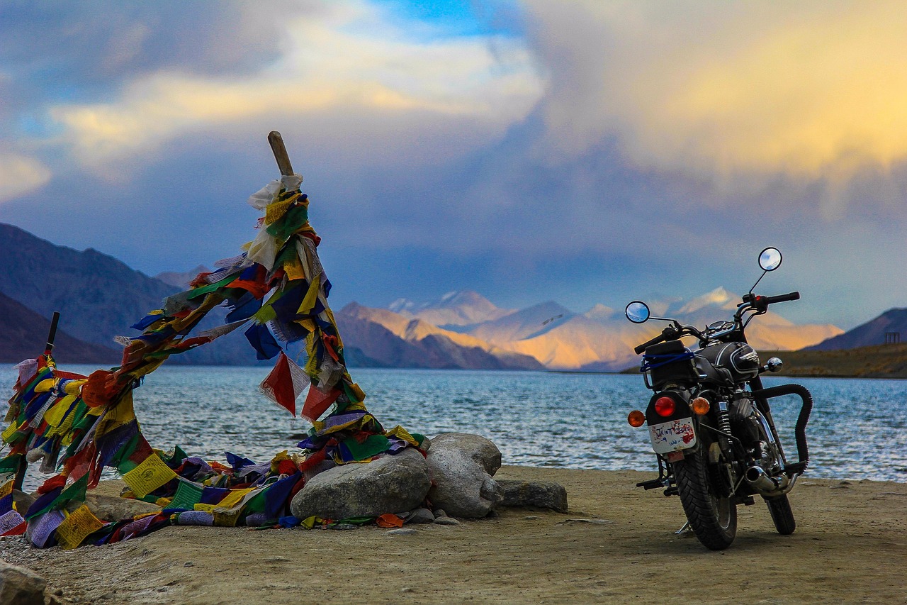 ladakh, pangong lake, lagoon, leh, india, motorcycle, himalayan, nature, pangong tso, sunset